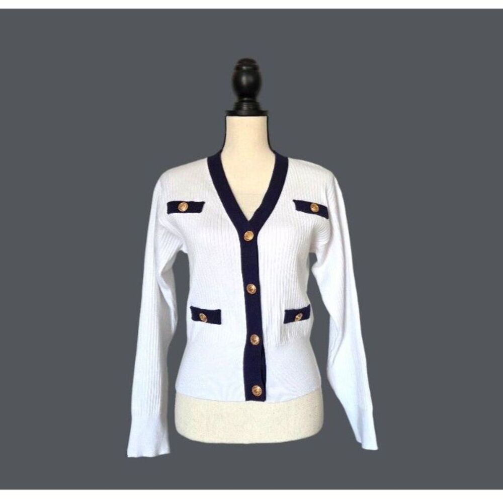COMMENSE NWT Contrast Trim Ribbed Cardigan Sweater Gold Crest Buttons Sz M